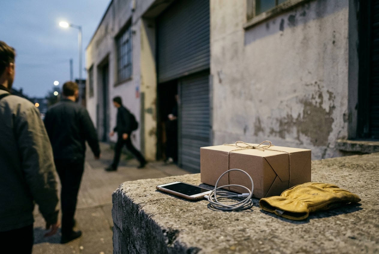 A face-down smartphone, coiled charging cable and unlabeled shipping box on a concrete ledge outside a closed venue at dusk