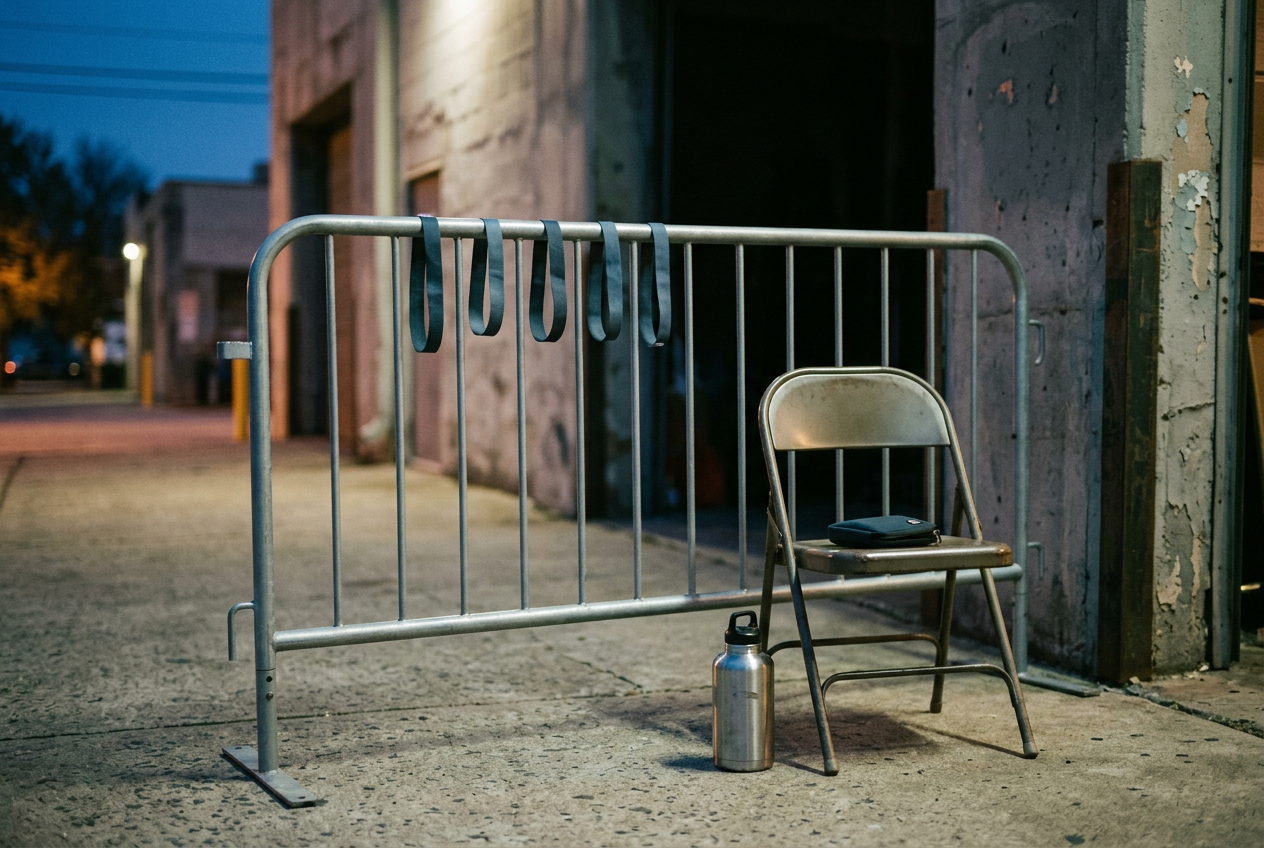 Unlabeled event wristbands, a locked phone pouch and a metal water jug arranged outside a warehouse entrance at dusk.
