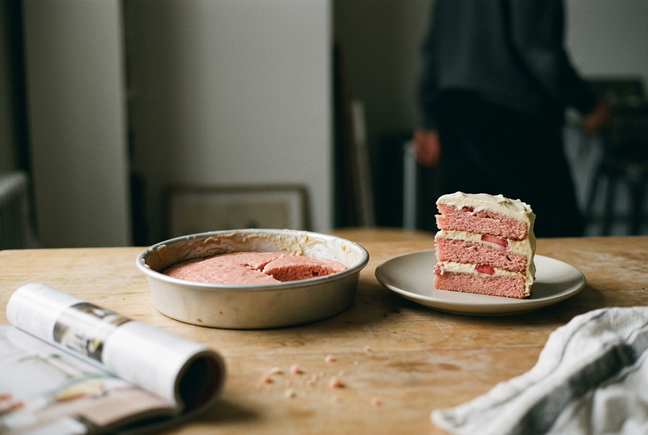 A thin pink strawberry cake in an eight-inch pan beside a tall frosted slice it could not have produced.