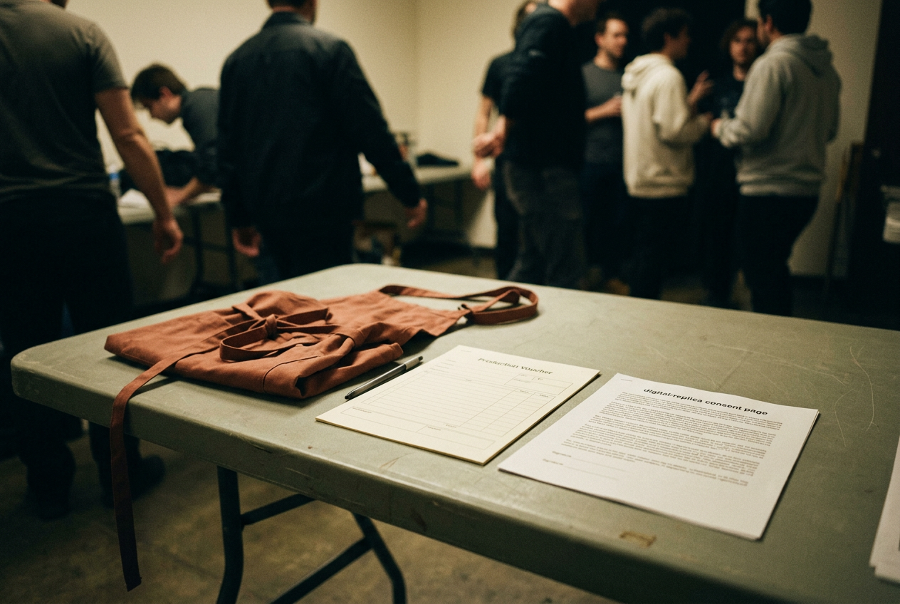A rust-colored background wardrobe apron beside a scan consent form and production voucher on a folding table.