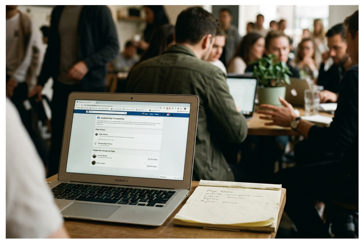 A laptop showing Facebook’s Page transparency panel beside a notebook with ownership and byline checks.