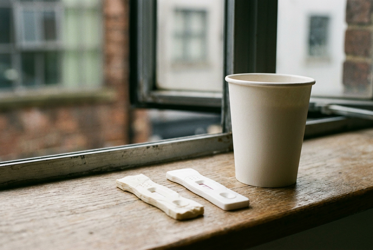 Two drug-checking strips beside a white paper cup, one showing a very faint second line.