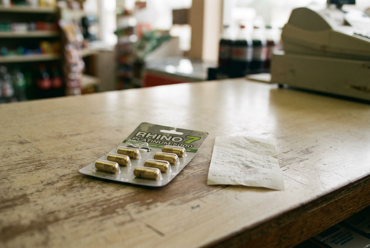 A single Rhino 7 Platinum 5000 blister packet beside a convenience-store receipt and an FDA warning printout.