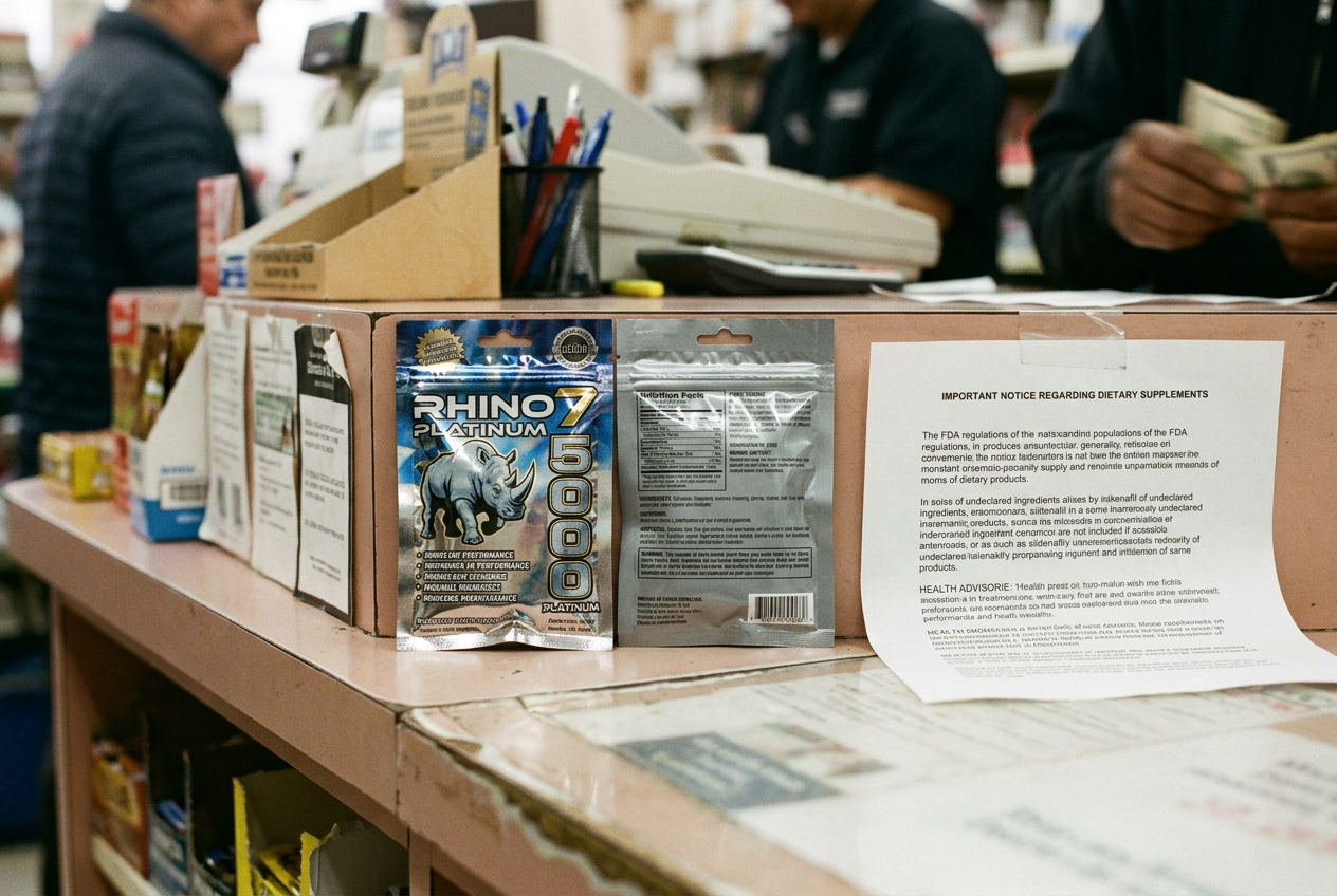 A Rhino 7 Platinum 5000 packet shown front and back beside printed FDA supplement warnings.