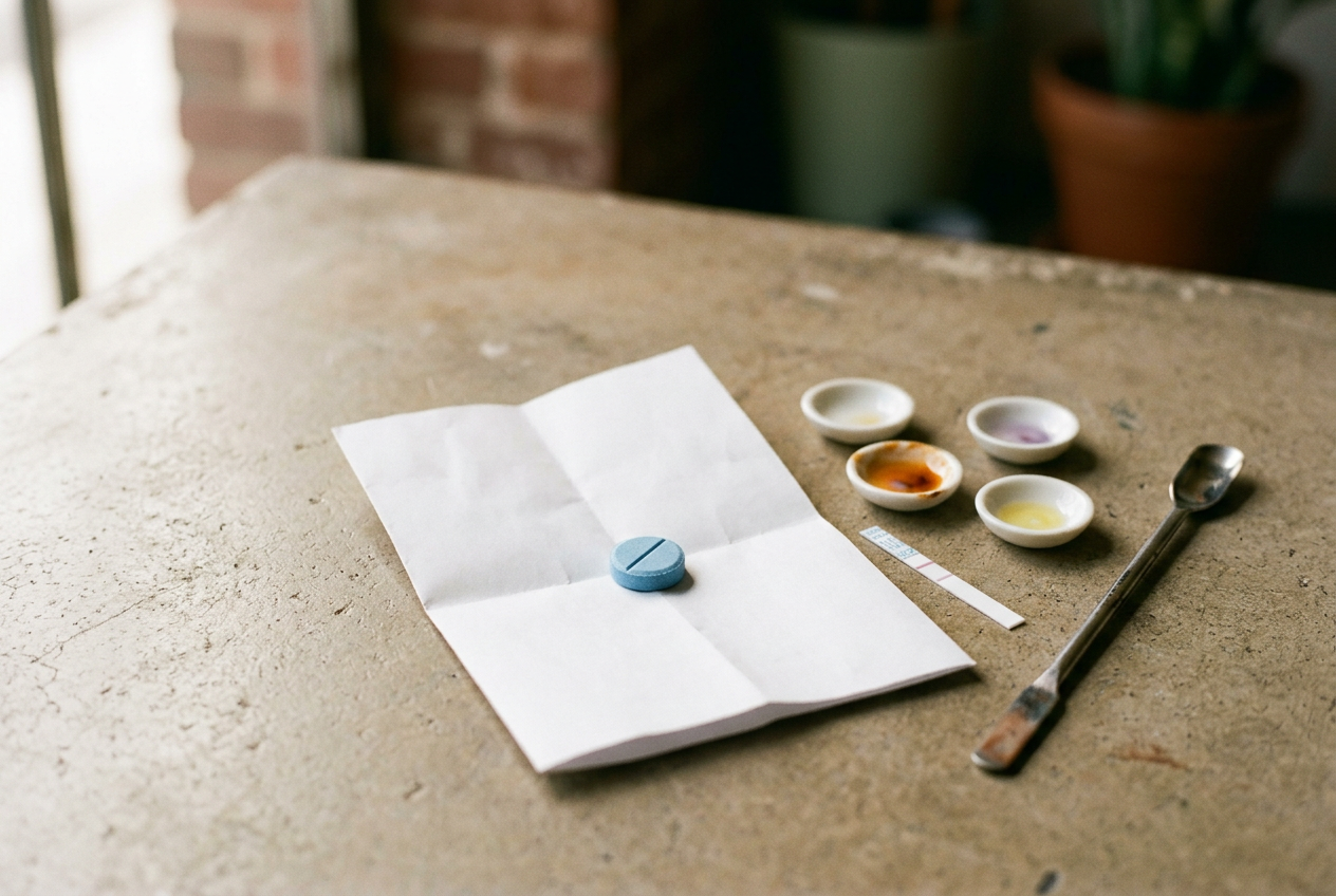 A blue scored tablet on white paper beside separate reagent spots, a fentanyl test strip and clean sampling tools.
