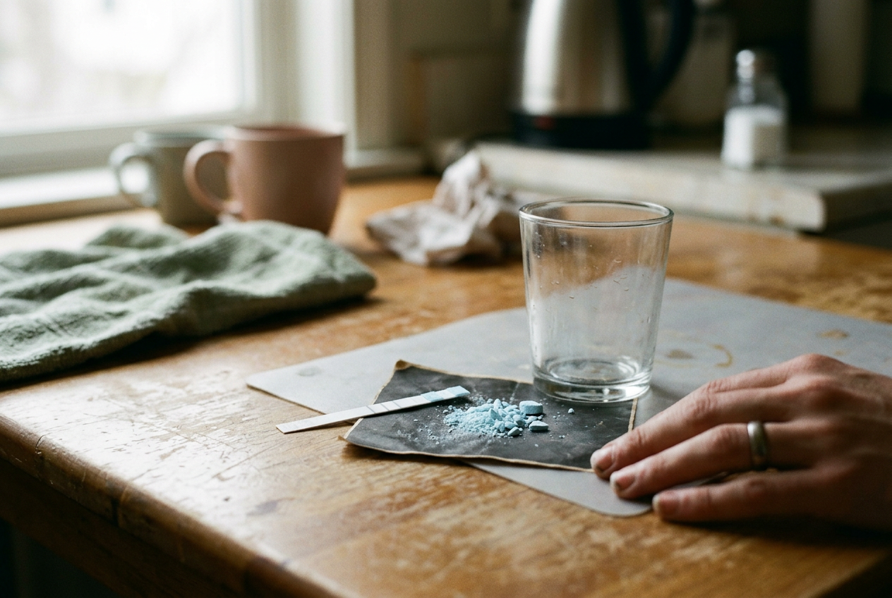 A fentanyl test strip beside a glass of water and fragments of a crushed blue tablet on a plain table.
