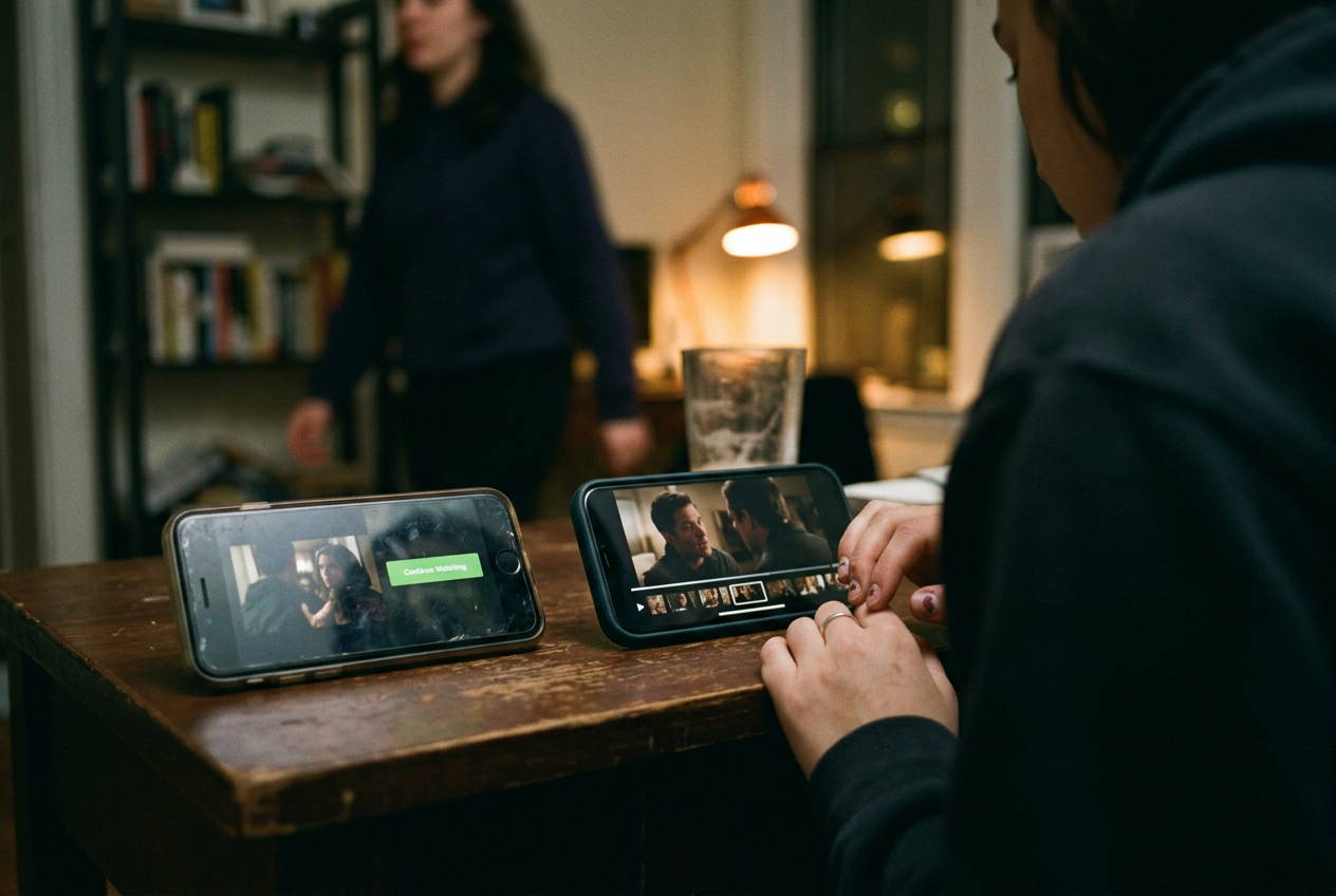 Two phones show a long ReelShort ad timeline beside the much shorter opening episode it promotes.