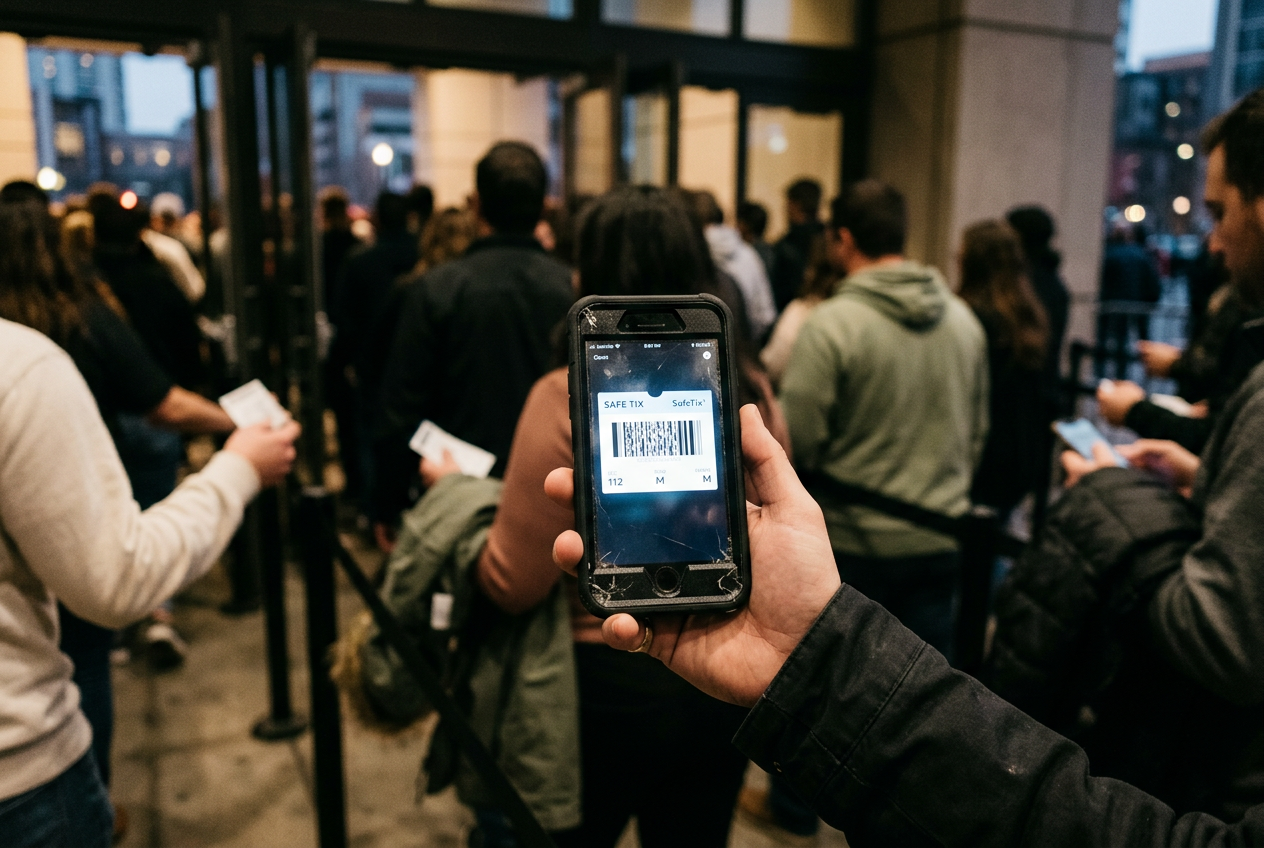 A Ticketmaster SafeTix barcode displayed on a phone in a cracked black case outside a concert venue.