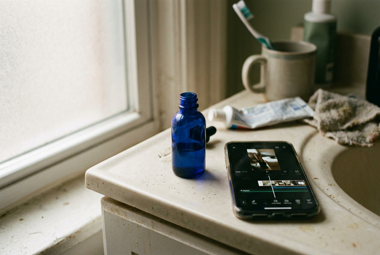 A cobalt-blue serum bottle beside a phone displaying an unfinished vertical-video timeline on a bathroom counter.