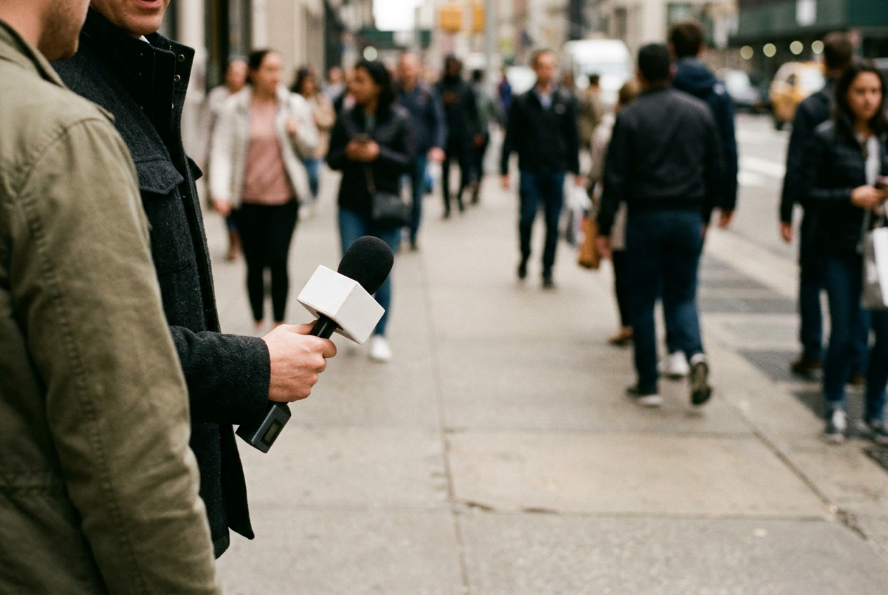 A white Meet Cutes NYC microphone flag held below two people standing on a city sidewalk, with their faces outside the frame.
