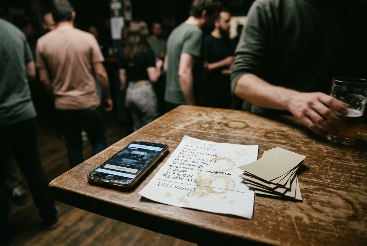 A phone displaying an artist-specific ticket page beside a set list and unsold paper tickets on a venue table.