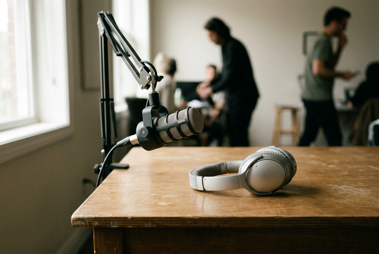 A close view of silver headphones and a broadcast microphone on an empty podcast desk.