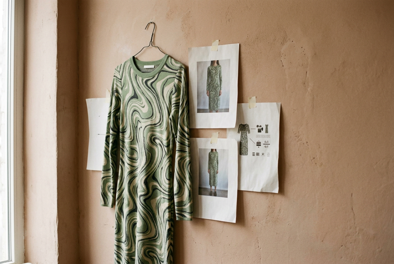A green swirl knit midi dress beside printed product pages showing conflicting fabric and return details.