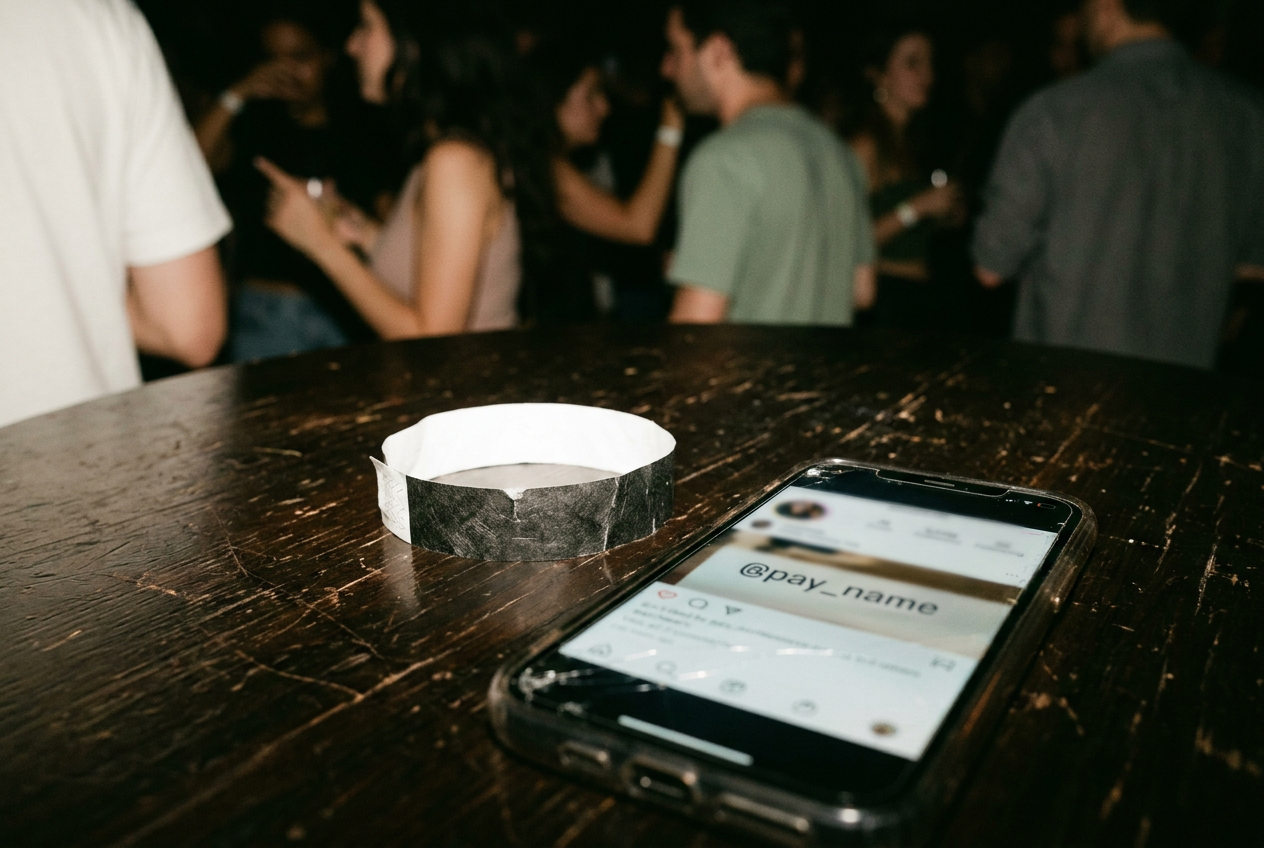 A worn black Tyvek club wristband beside a phone displaying a blurred afterparty flyer and payment request.