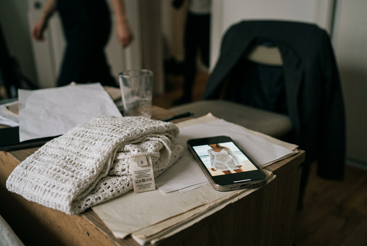 A phone showing a virtual model in a white crochet cover-up beside a folded real cover-up and retail care label.
