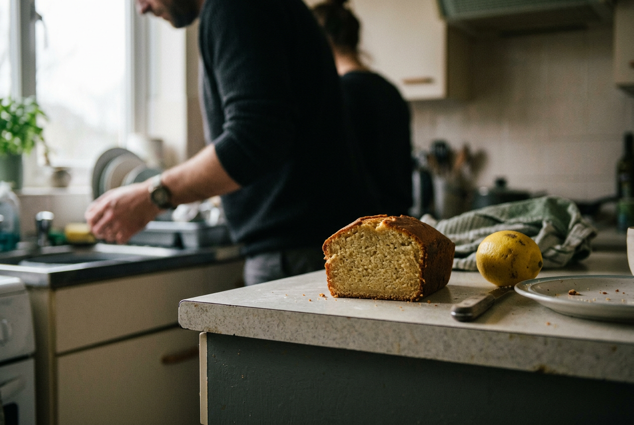 A sliced lemon loaf beside a dense, underbaked test piece and one whole lemon on a kitchen counter.