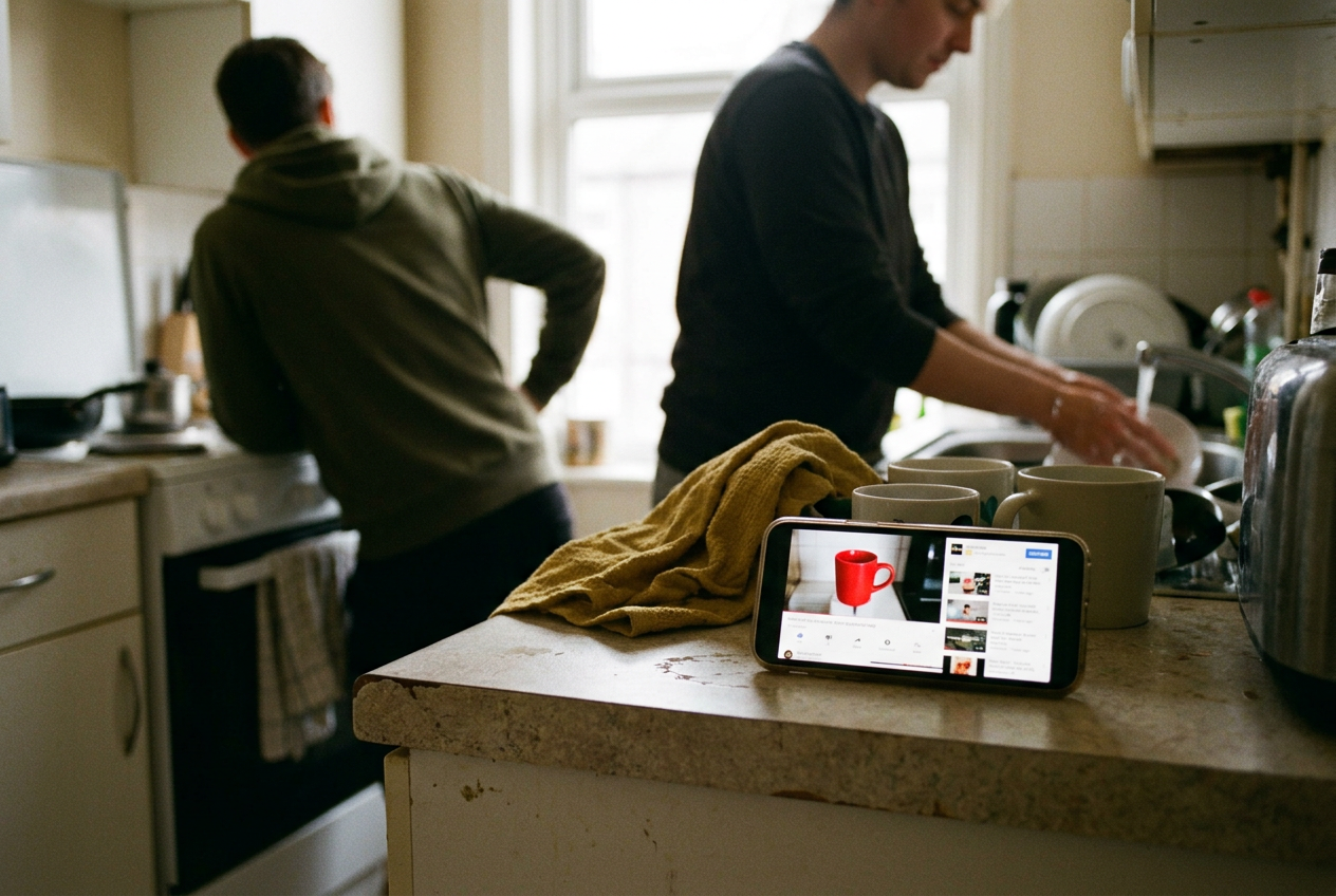 A phone shows a synthetic presenter above a clip of a red mug tipping at the edge of a kitchen counter.