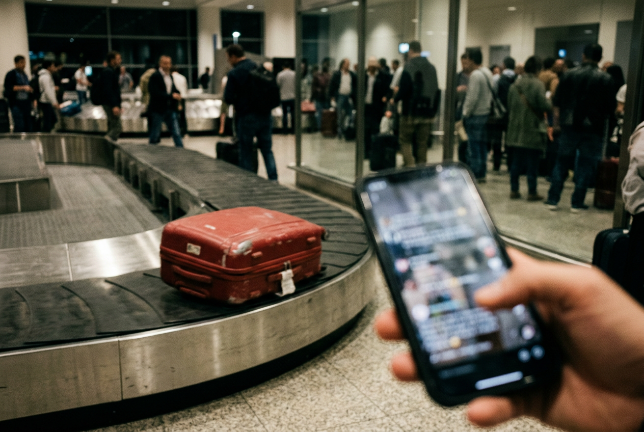 A red hard-shell suitcase on an airport carousel beneath overlapping vertical-video captions.
