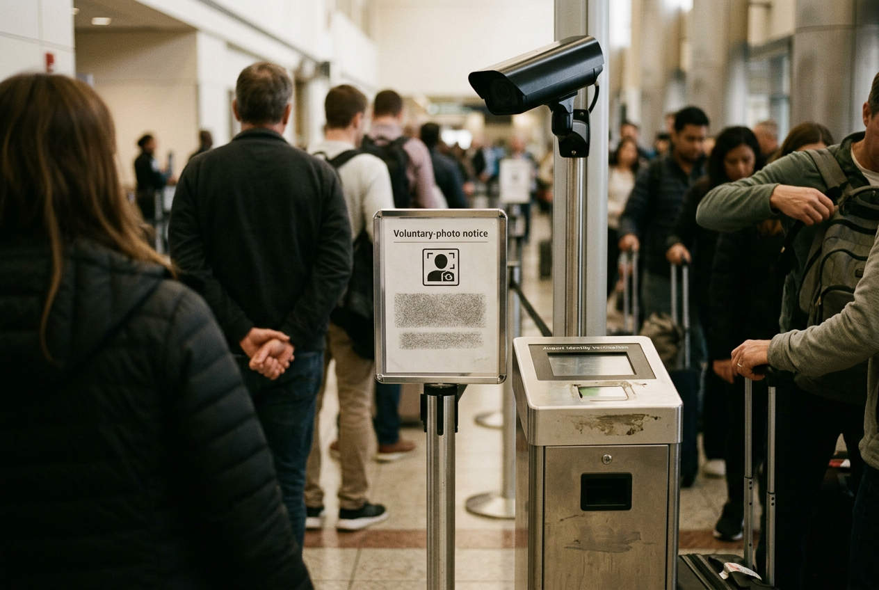 A small voluntary photo notice beside an airport identity-check camera, viewed from the passenger queue.
