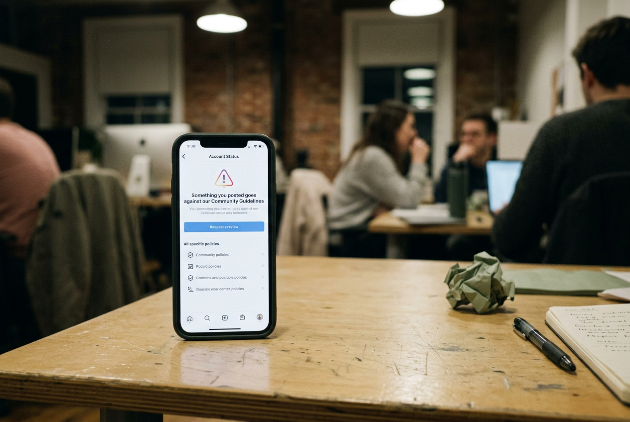 A phone displaying Instagram Account Status and the Request a review control beside a removed-post notice.