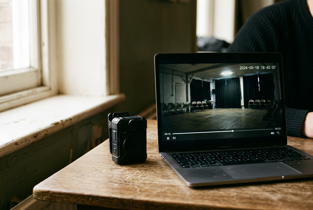 A police body camera beside a monitor showing a silent buffered frame and an on-screen timestamp.