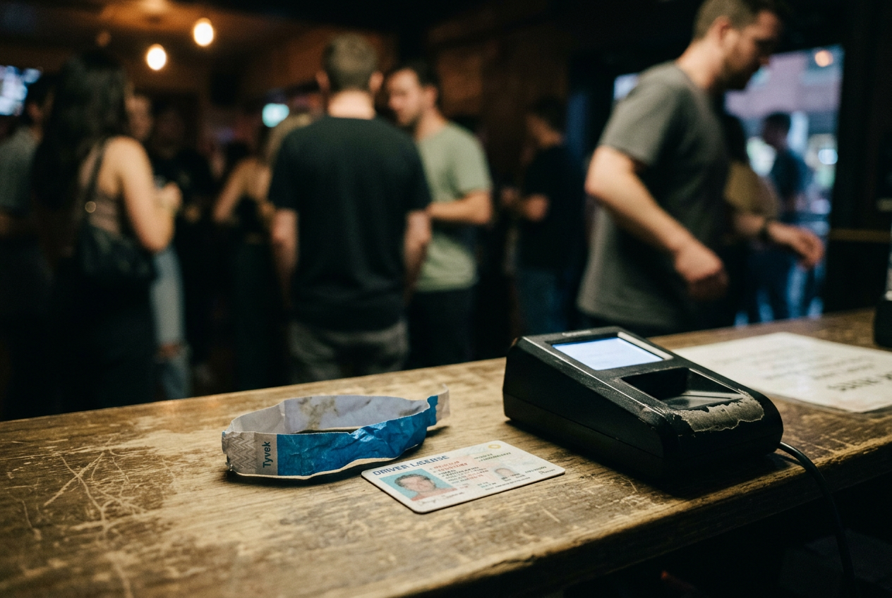 A driver’s license beside an ID scanner and a frayed blue nightclub wristband on a dark entry counter.