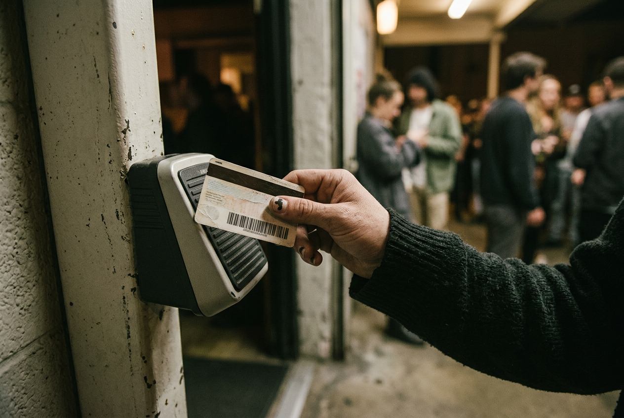 A driver’s license held barcode-side up beside an ID scanner at a dark club entrance.