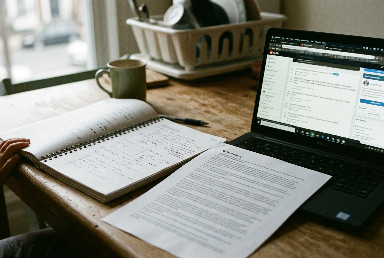 A printed creator-course refund policy beside a laptop and a partially completed workbook.