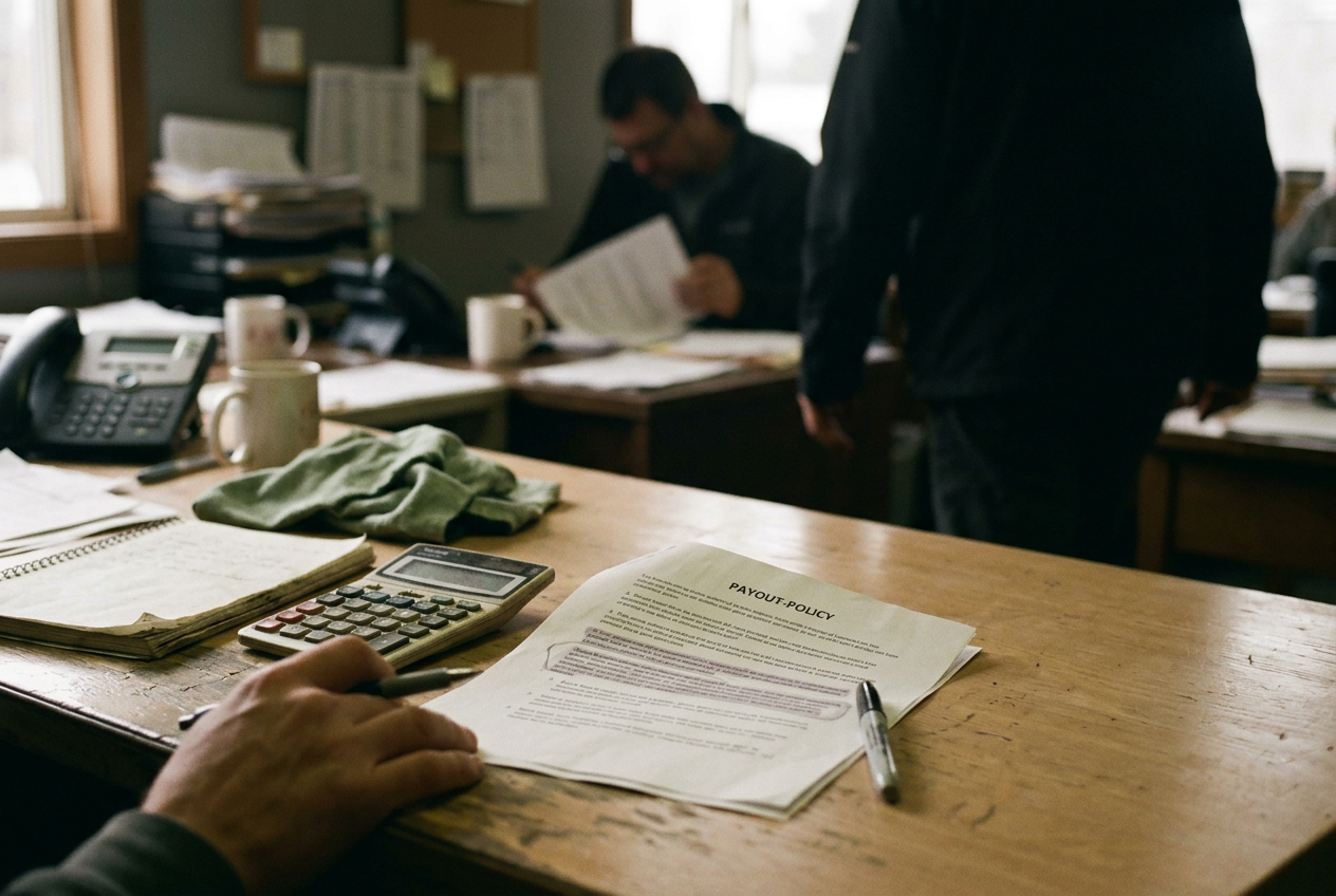 Printed creator payout rules on a desk with the five-second view exclusion highlighted beside a calculator.