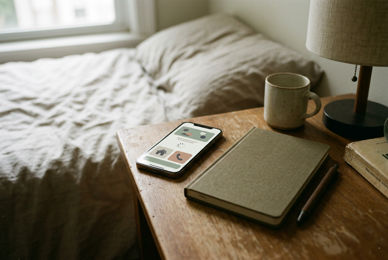 A phone displaying a therapy app help page beside a paper notebook on a bedside table.