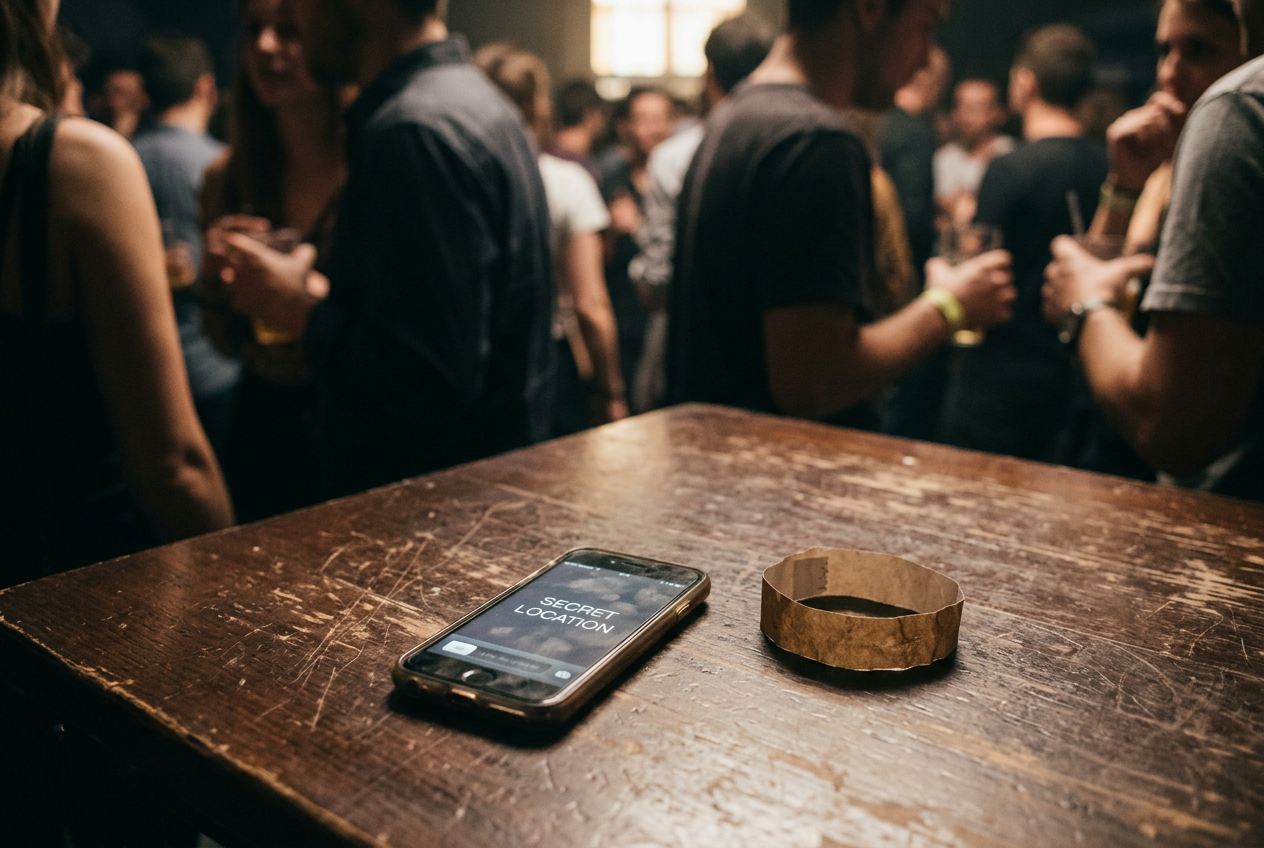 A phone displaying a ticket confirmation with the venue listed as Secret Location beside a stamped paper wristband.