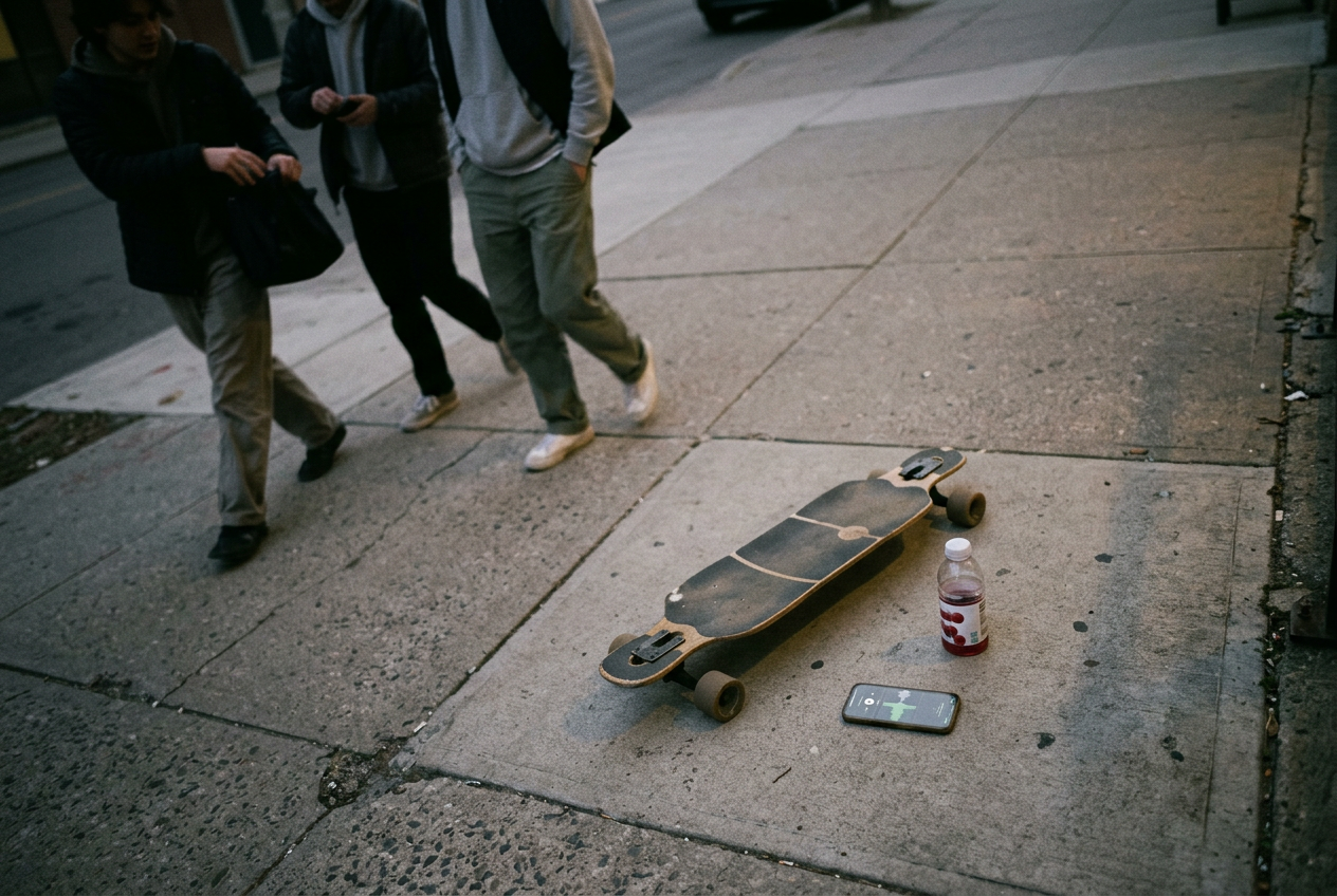 A hand holding cranberry juice over a longboard beside a phone showing a short-form video timeline.