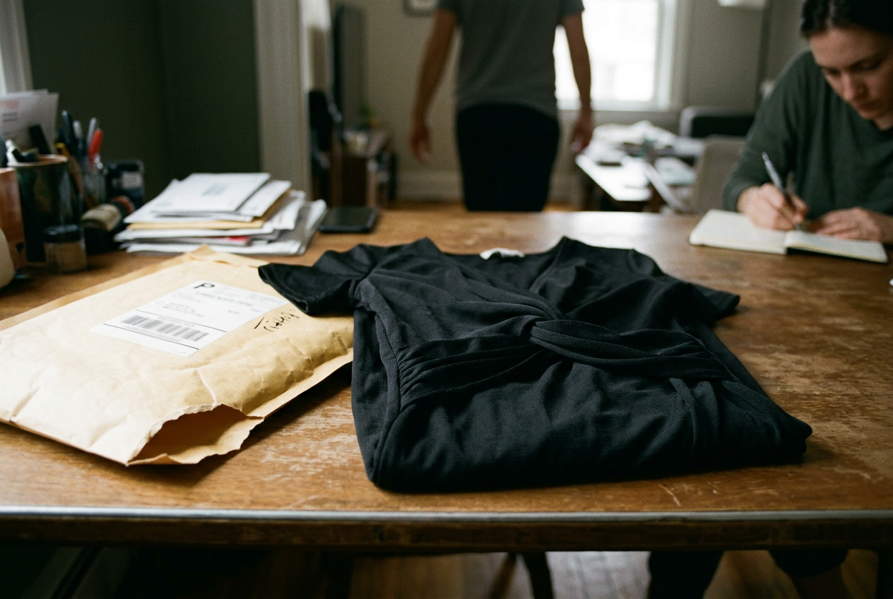 A black polyester wrap dress folded beside its opened shipping bag and return label on a plain table.