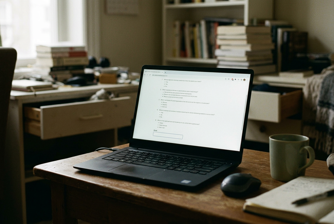 A laptop showing a six-question ADHD screener beside an email signup field on a plain desk.