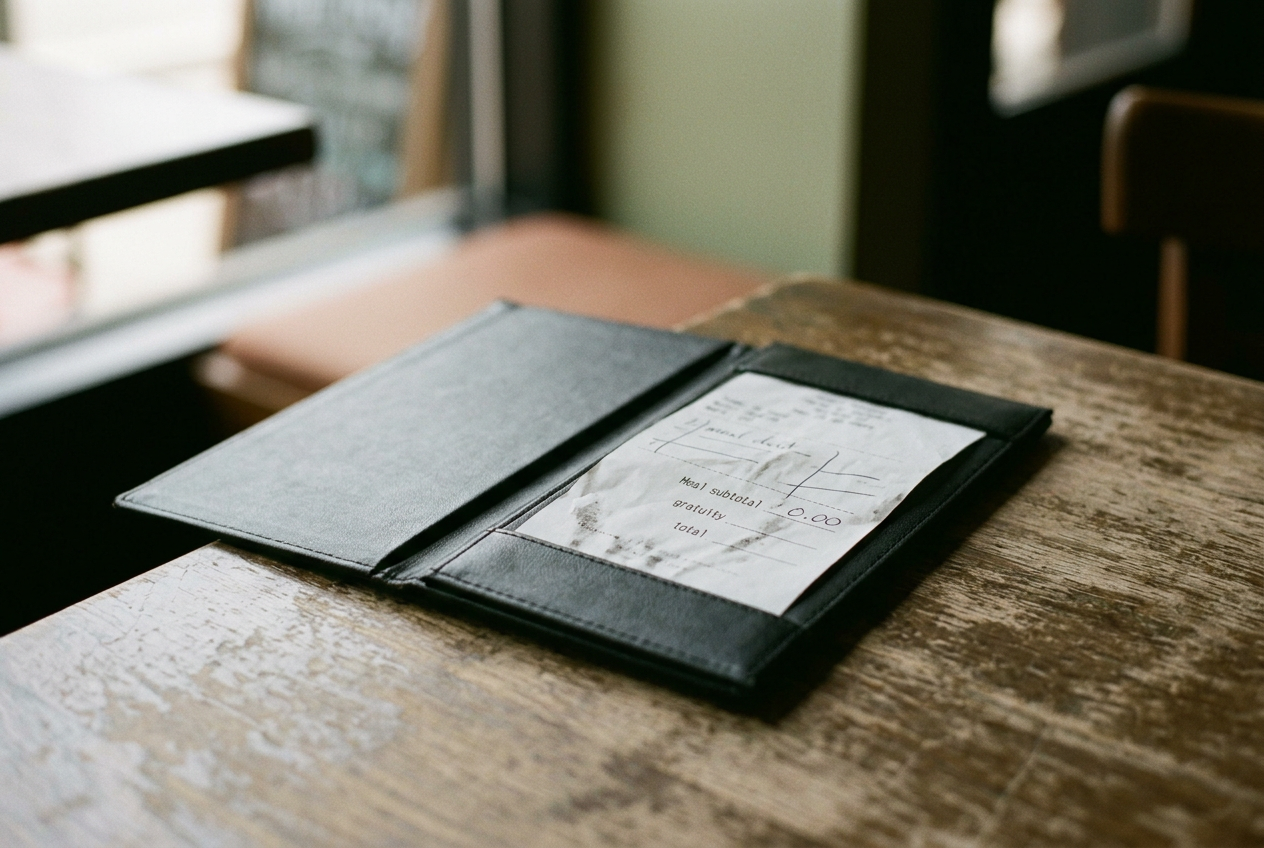 A restaurant receipt with a comped food subtotal and a blank gratuity line inside a black check presenter.