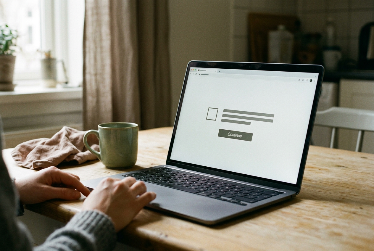 A laptop showing a telehealth consent checkbox above a Continue button beside a notebook and medication delivery box.