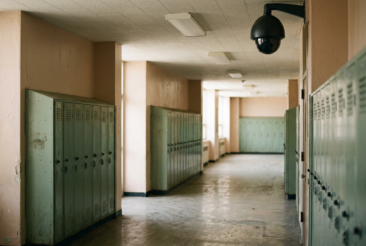 A ceiling-mounted school hallway camera above lockers, with an empty corridor visible below.