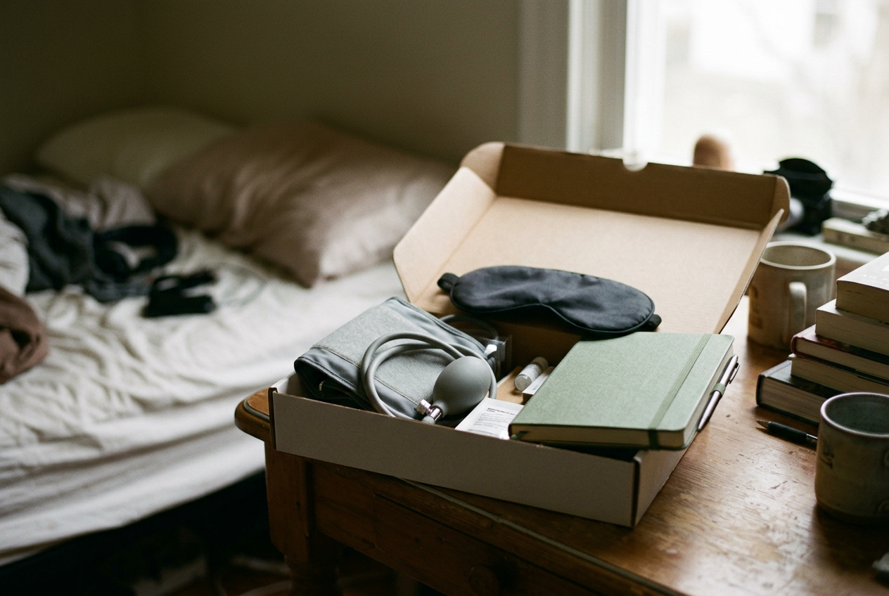 A blood-pressure cuff, eye mask and journal arranged beside an open at-home ketamine treatment kit.