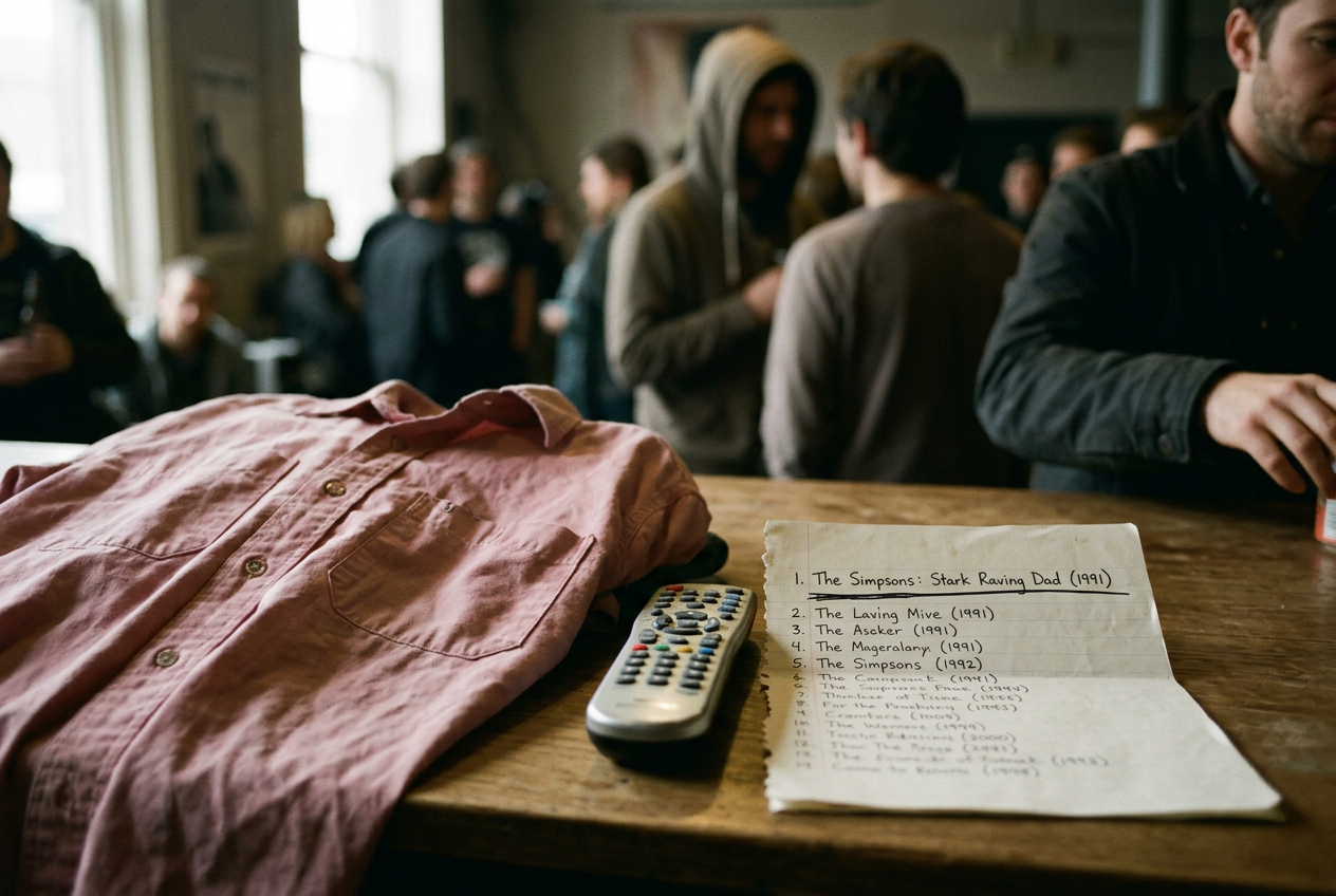 A pink collared work shirt beside a television remote and a handwritten episode list.