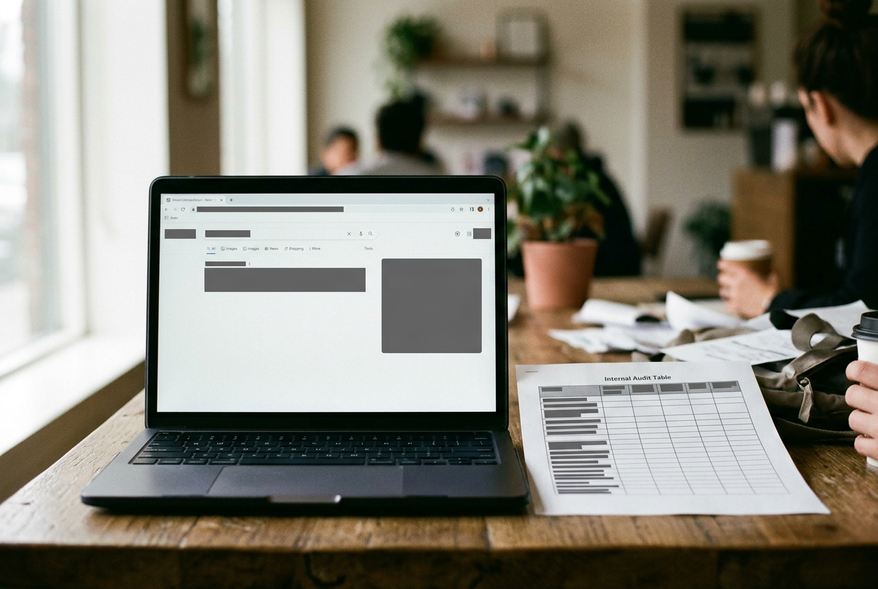 A laptop shows a redacted mugshot search result with a gray image box beside a handwritten URL audit sheet.