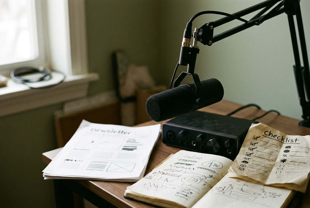 A black Shure SM7B microphone on a desk beside newsletter copy, an audio interface and marked editing notes.