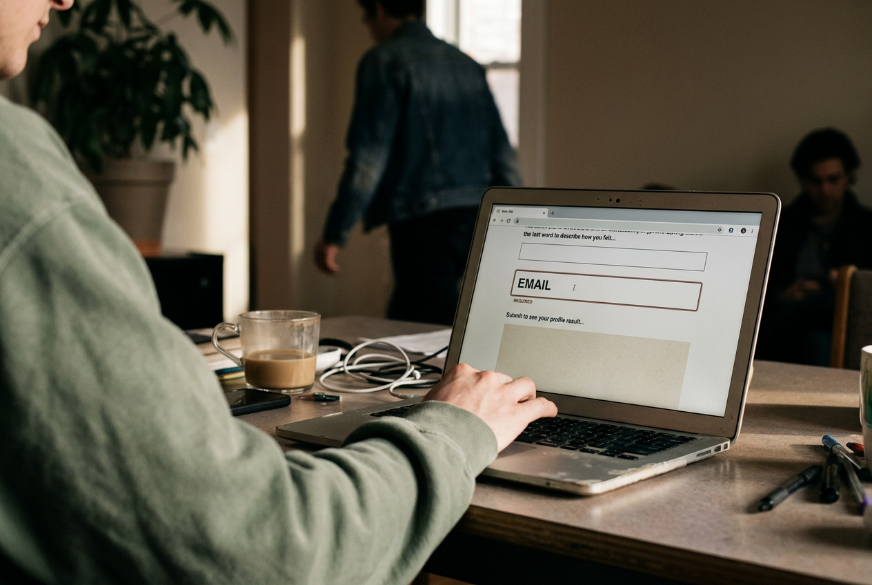 A laptop showing the final page of an autism self-assessment with a contact form blocking the result.
