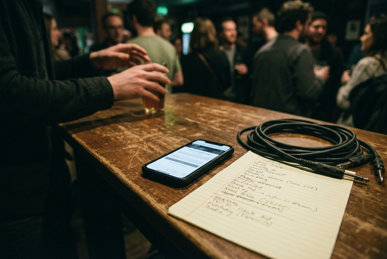 A musician’s phone displaying a presale ticket link beside a handwritten set list and coiled instrument cable.