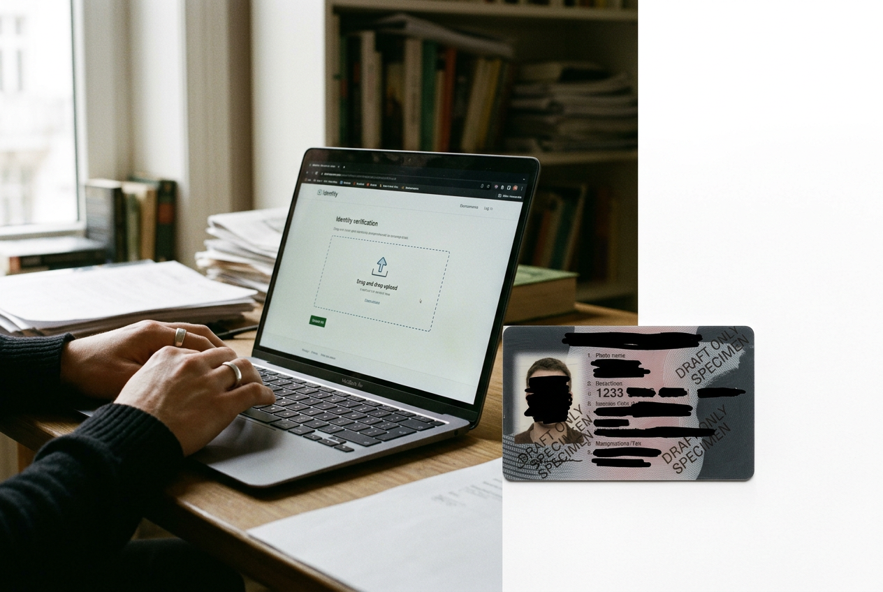 A laptop beside a printed driver’s license copy with personal fields blacked out and a privacy portal open.