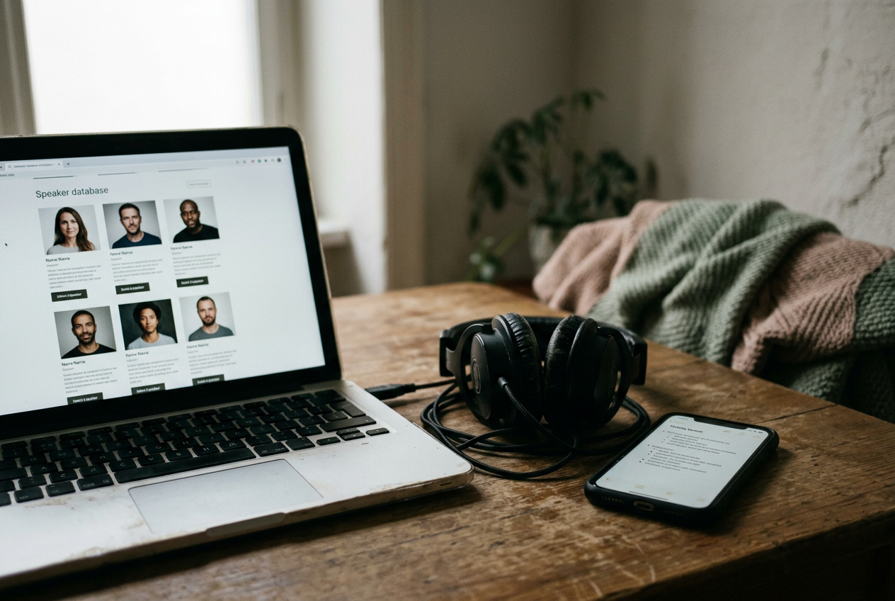 A laptop displaying a podcast guest booking page beside headphones and an open episode description.