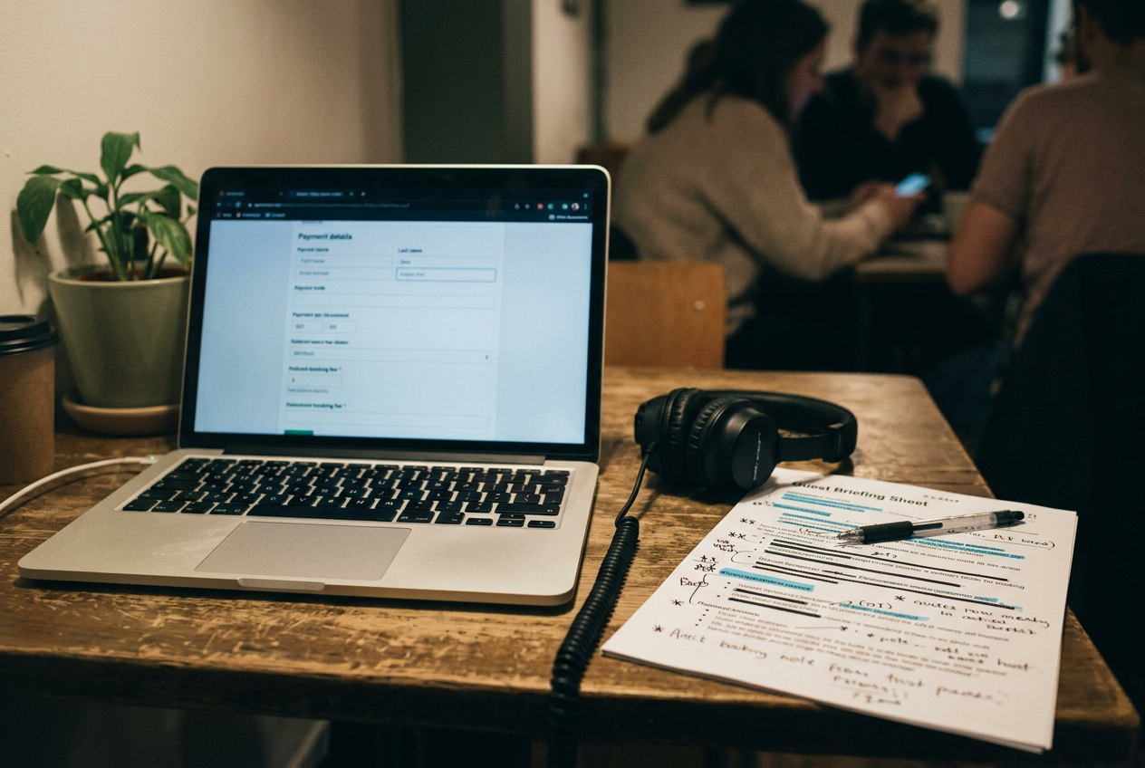 A laptop showing a podcast booking-fee field beside headphones and a printed guest briefing sheet.