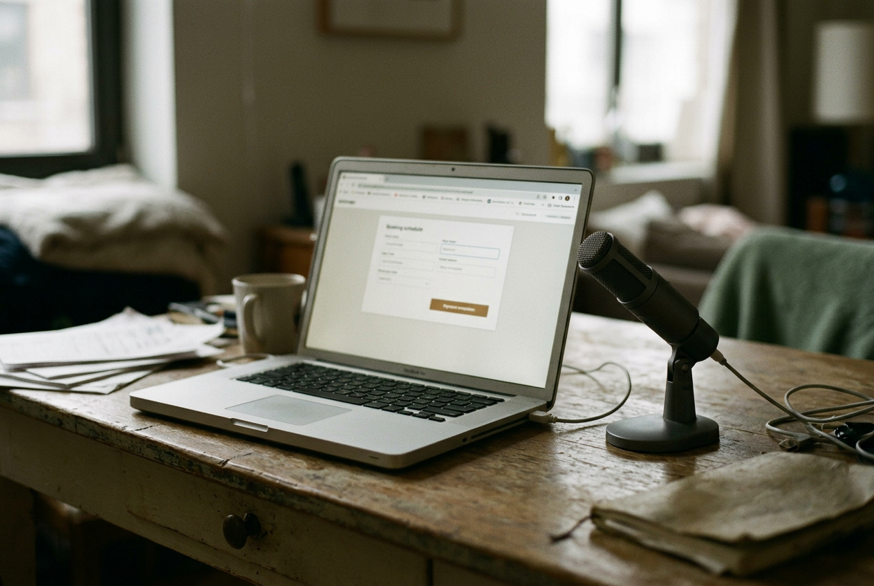 A laptop showing a podcast booking profile with a payment button beside a microphone and headphones.