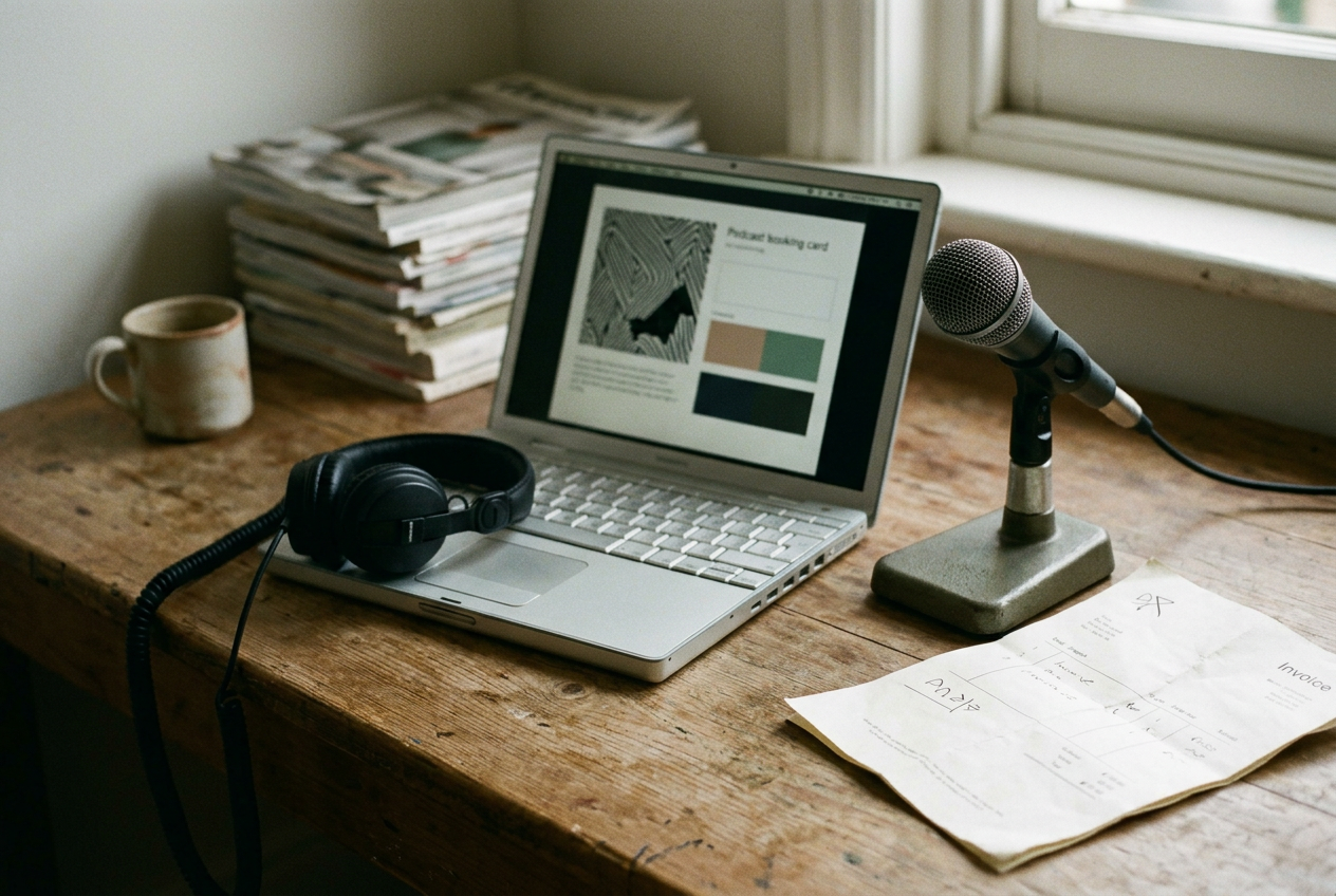 A laptop showing a podcast booking marketplace beside headphones, a tabletop microphone and a printed invoice.