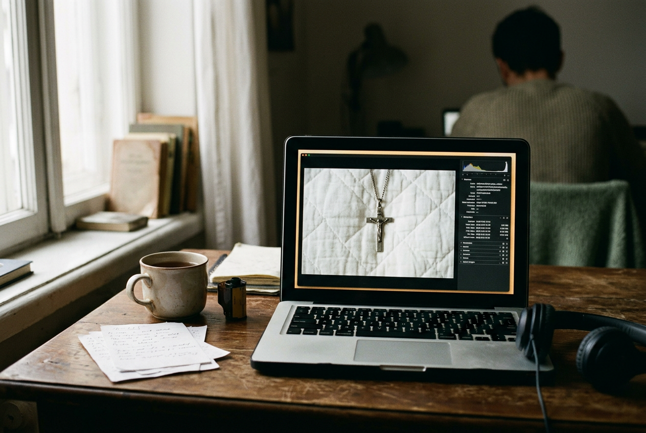 A laptop displays the white puffer and crucifix from the viral AI-generated Pope image beside an open file information panel.