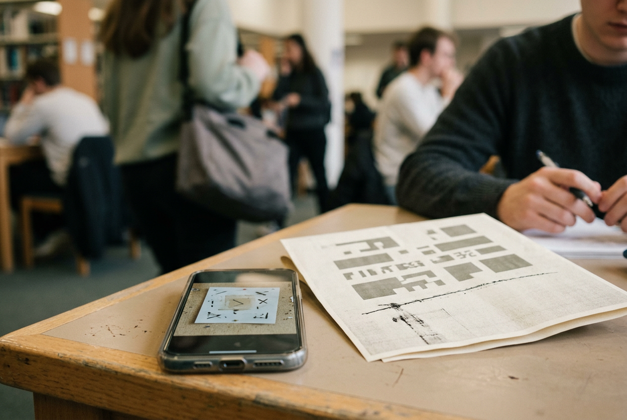 A phone showing a campus protest flyer beside a printed student conduct notice on a plain desk.
